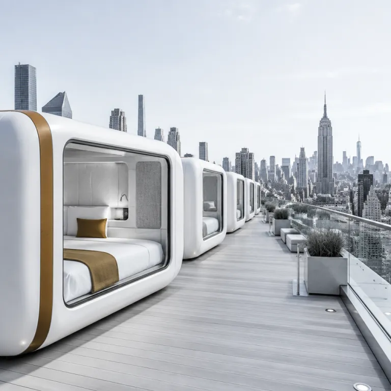 Elevated hotel view in NYC: luxury capsule stays with skyline drama